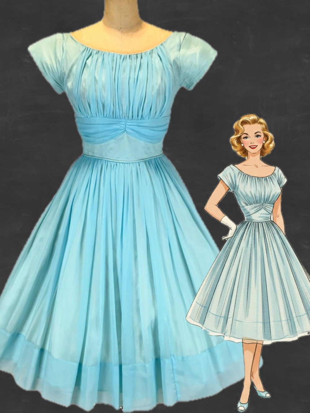 VINTAGE MCM‎ 1950s party prom debutante dress fit flare chiffon full skirt aqua
